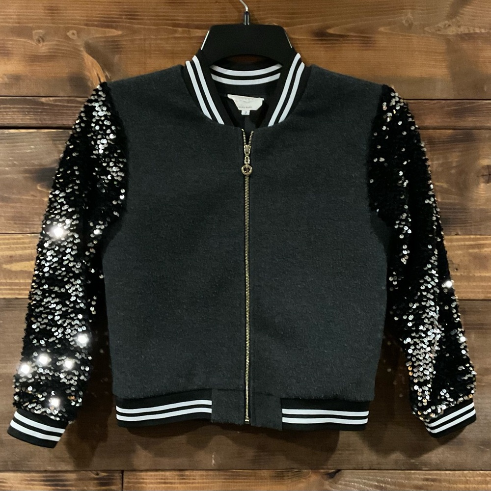 Neiman MARCUS Boutique Varsity JACKET GIRLS Hannah BANANA Sequin & Roses Sz 7.